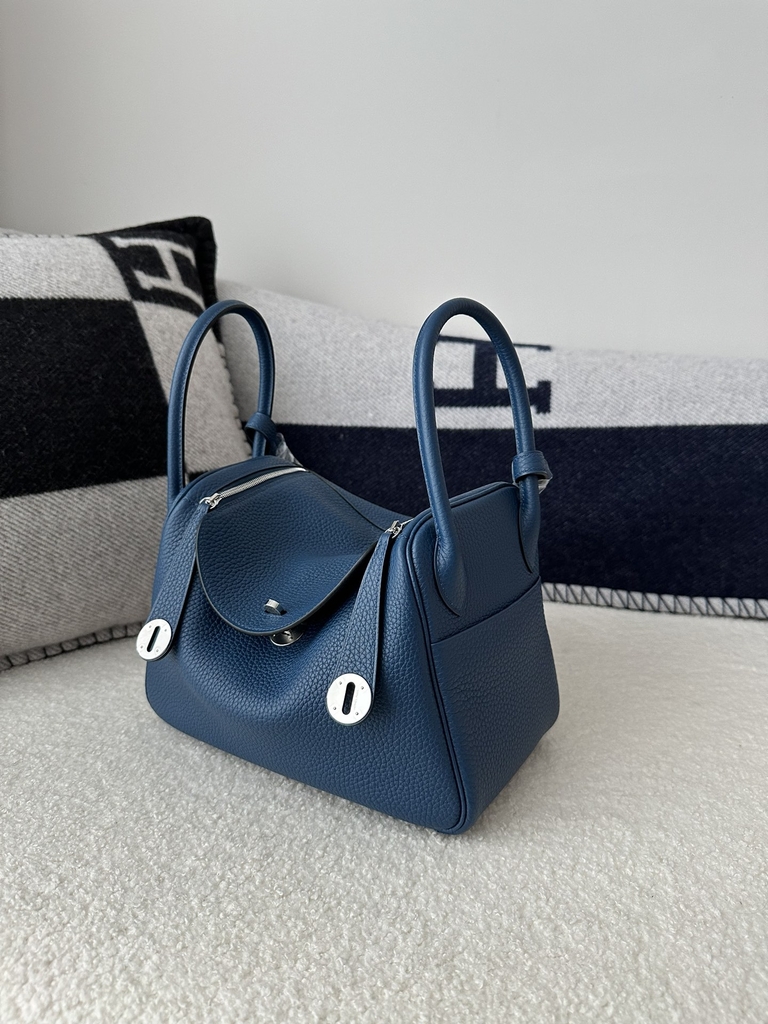 Lindy 26cm in Imported Togo Clemence Leather, S4 Deep Blue with Silver Hardware.