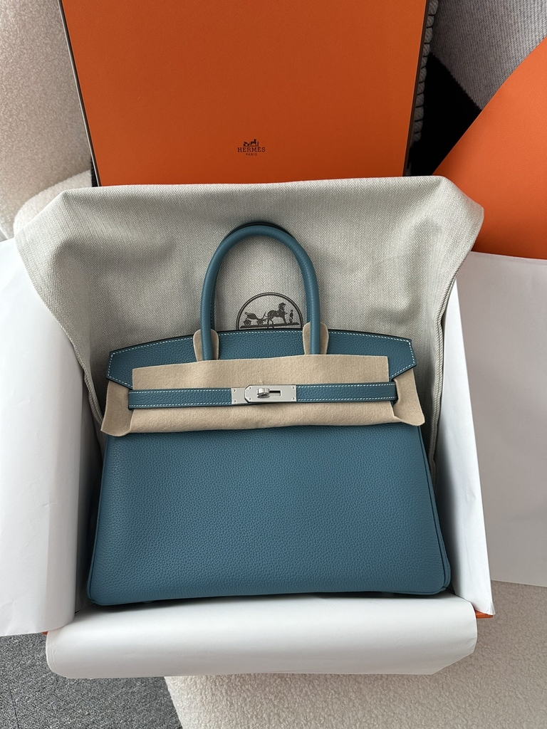 Birkin 30cm in Imported Togo Calfskin, D2 New Blue Jean with Silver Hardware