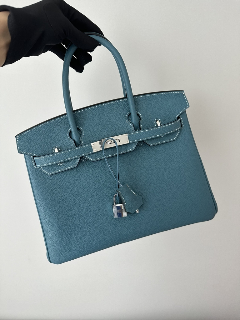 Birkin 30cm in Imported Togo Calfskin, D2 New Blue Jean with Silver Hardware