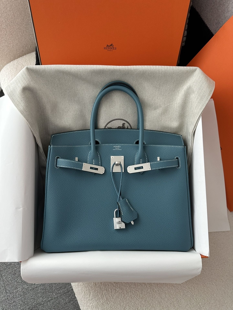 Birkin 30cm in Imported Togo Calfskin, D2 New Blue Jean with Silver Hardware