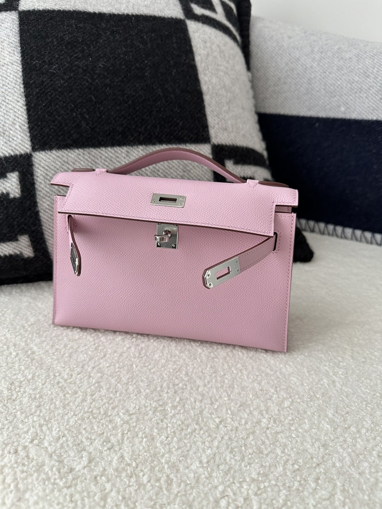 Kelly Pochette 22cm in Imported Epsom Leather, X9 Mauve Sylvestre with Silver Hardware