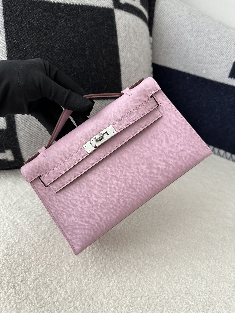 Kelly Pochette 22cm in Imported Epsom Leather, X9 Mauve Sylvestre with Silver Hardware
