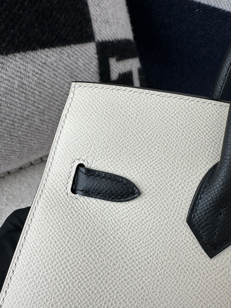 Birkin 25cm with External Stitching in Imported Epsom Leather, CC10 Carie Milkshake White and CC89 Noir Black with Gold Hardware