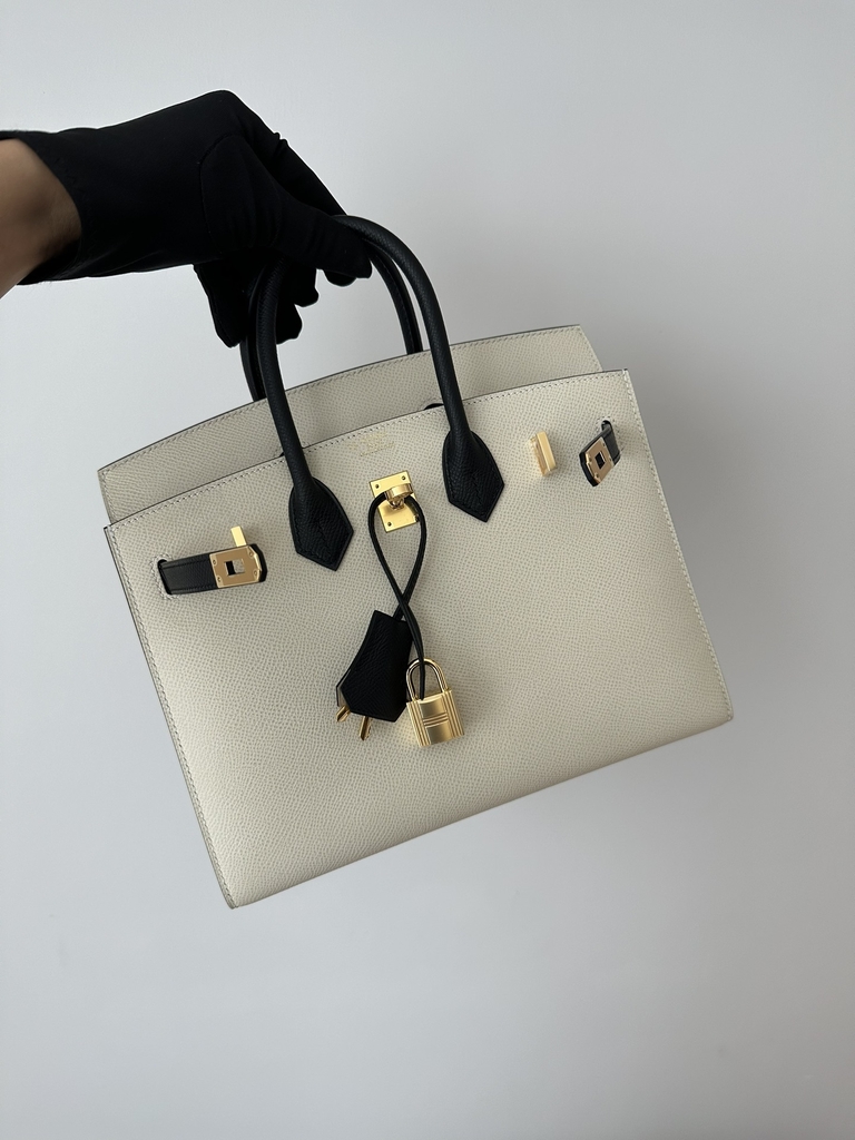 Birkin 25cm with External Stitching in Imported Epsom Leather, CC10 Carie Milkshake White and CC89 Noir Black with Gold Hardware