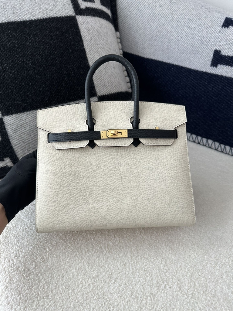Birkin 25cm with External Stitching in Imported Epsom Leather, CC10 Carie Milkshake White and CC89 Noir Black with Gold Hardware