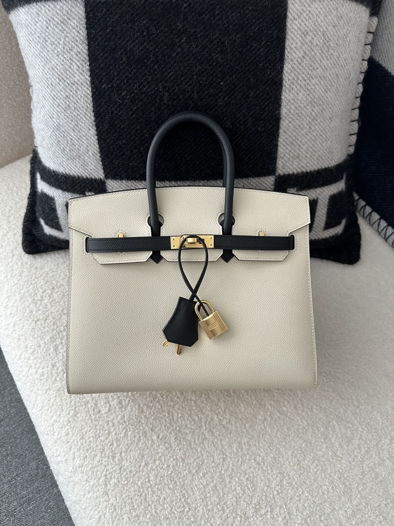 Birkin 25cm with External Stitching in Imported Epsom Leather, CC10 Carie Milkshake White and CC89 Noir Black with Gold Hardware