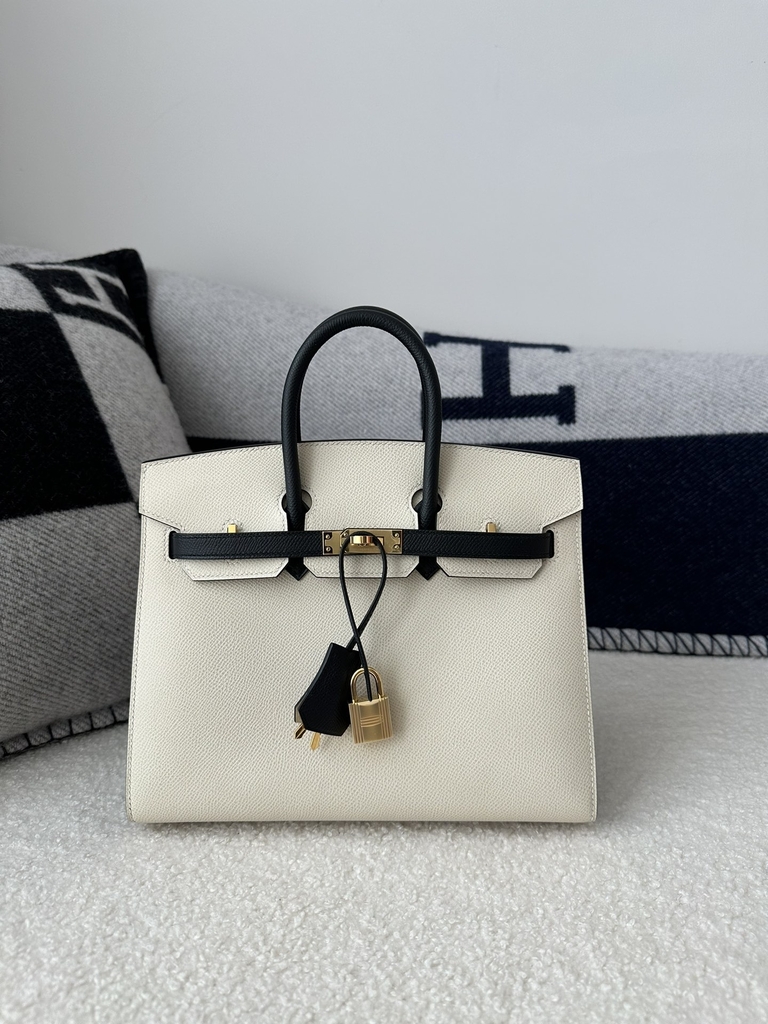 Birkin 25cm with External Stitching in Imported Epsom Leather, CC10 Carie Milkshake White and CC89 Noir Black with Gold Hardware