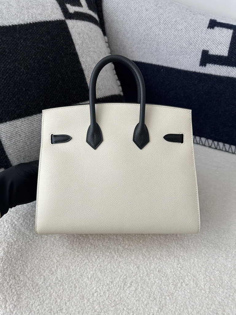 Birkin 25cm with External Stitching in Imported Epsom Leather, CC10 Carie Milkshake White and CC89 Noir Black with Gold Hardware