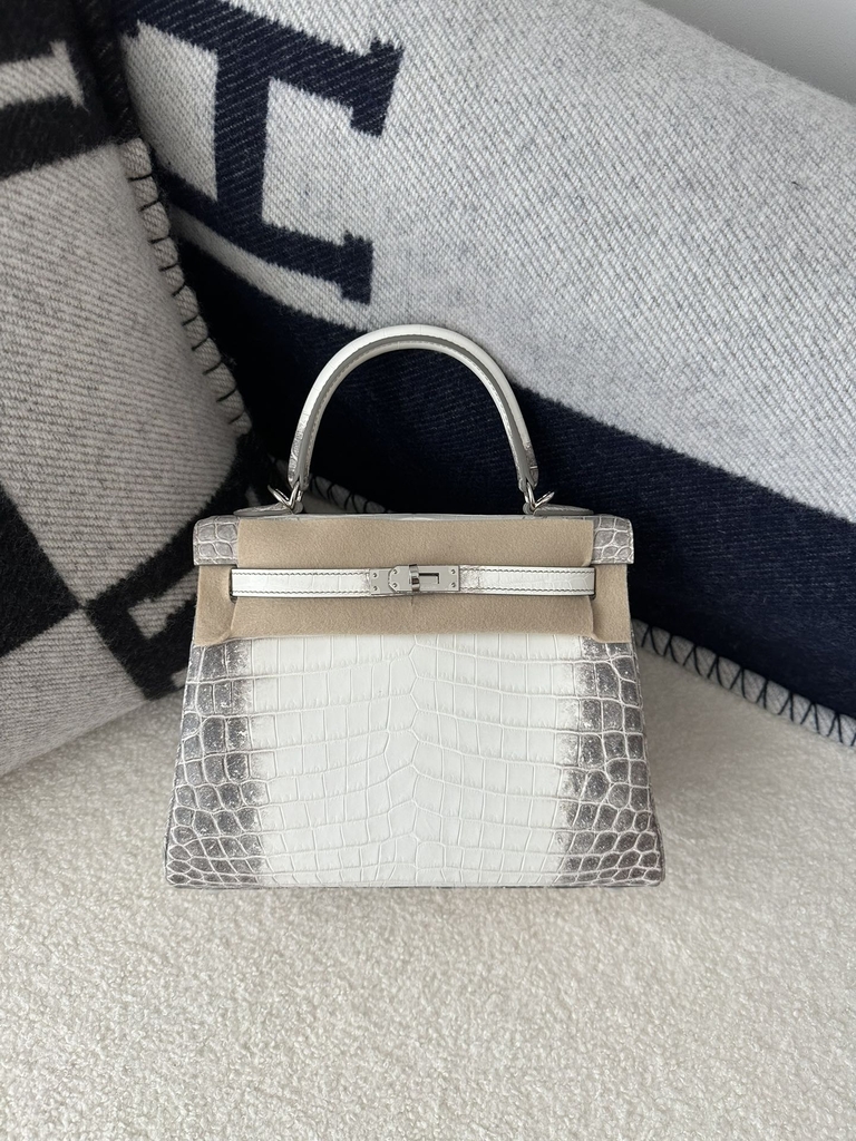 Kelly 25cm in HCP Water-Dyed Matte Himalaya Crocodile with Imported Crocodile Leather, 01 Himalaya with Silver Hardware