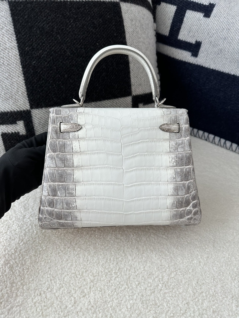 Kelly 25cm in HCP Water-Dyed Matte Himalaya Crocodile with Imported Crocodile Leather, 01 Himalaya with Silver Hardware