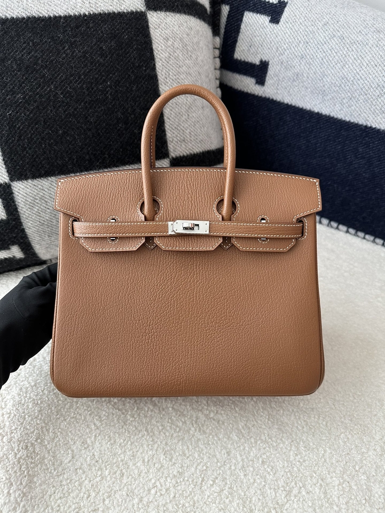 Birkin 25cm in Imported Chevre Goatskin, CK37 Gold with Silver Hardware