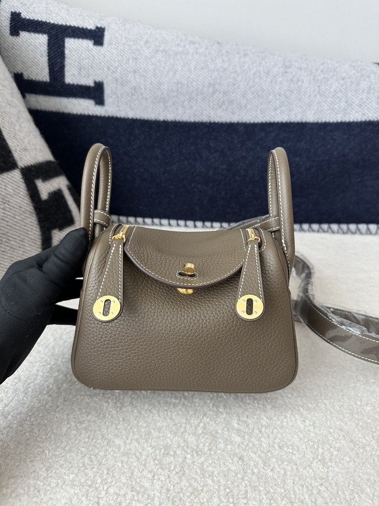 Lindy Mini in Imported TC Clemence Leather, CC18 Etoupe Grey with Gold Hardware