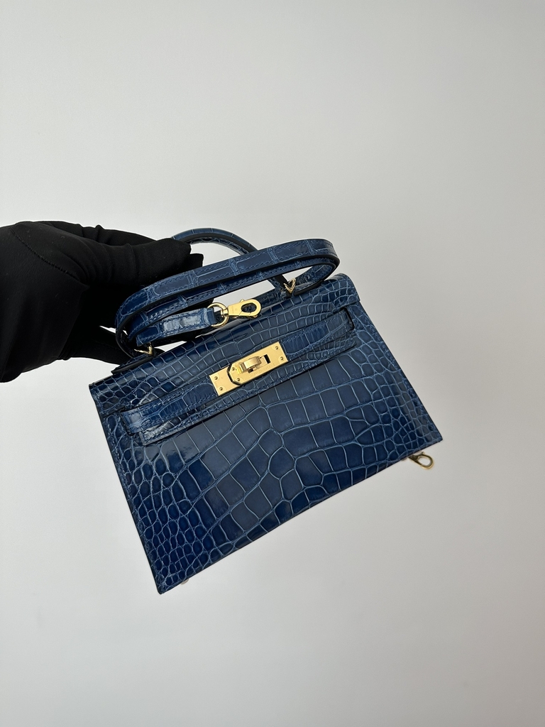 Kelly Mini II Second Generation in Imported HCP Water-Dyed Shiny Alligator Crocodile, CC73 Bleu Sapphire with Gold Hardware