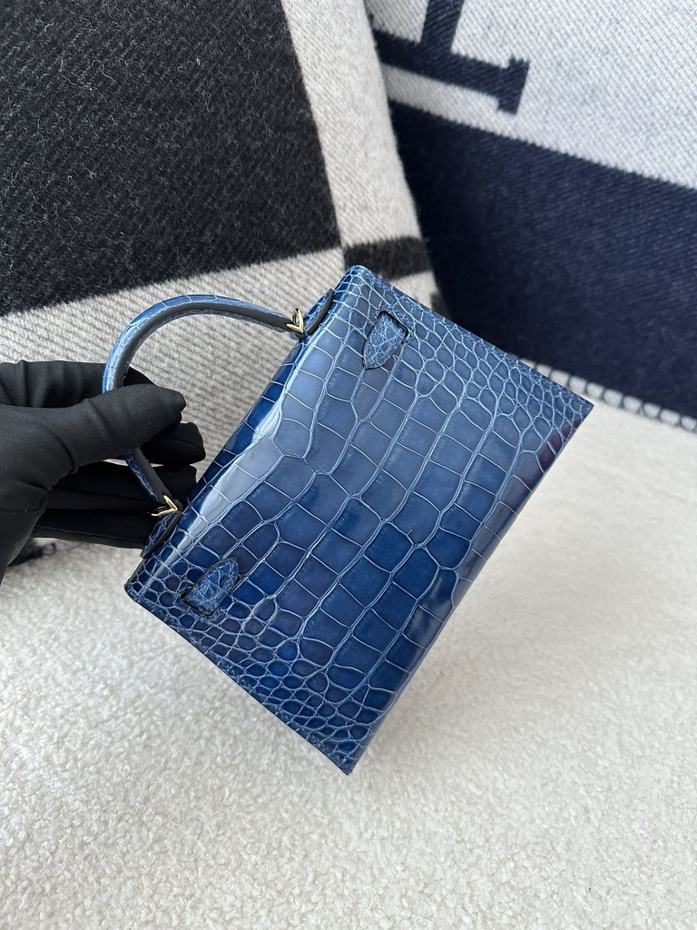 Kelly Mini II Second Generation in Imported HCP Water-Dyed Shiny Alligator Crocodile, CC73 Bleu Sapphire with Gold Hardware