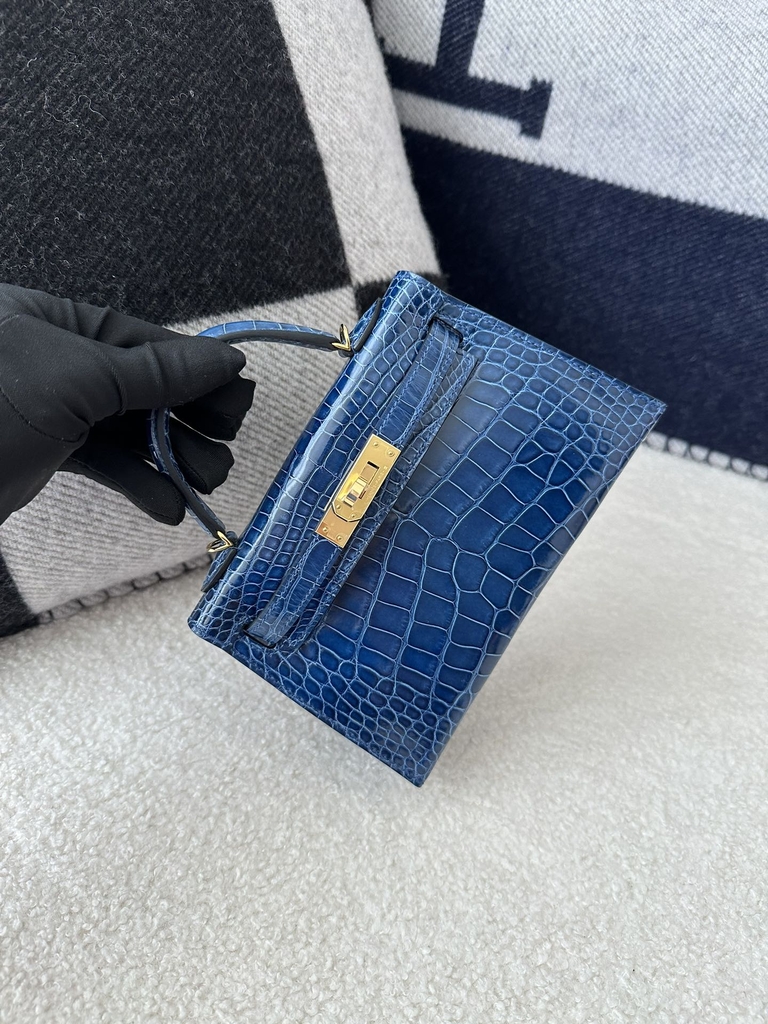 Kelly Mini II Second Generation in Imported HCP Water-Dyed Shiny Alligator Crocodile, CC73 Bleu Sapphire with Gold Hardware