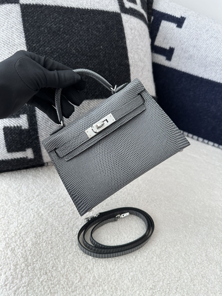 Mini Kelly II Second Generation in Imported Lizard Leather, CK84 Gris Fonce Rope Grey with Silver Hardware