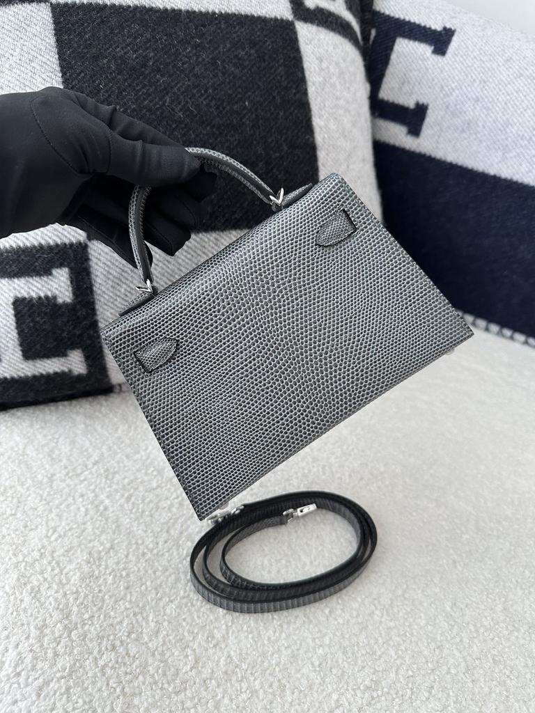 Mini Kelly II Second Generation in Imported Lizard Leather, CK84 Gris Fonce Rope Grey with Silver Hardware