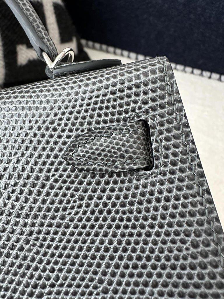 Mini Kelly II Second Generation in Imported Lizard Leather, CK84 Gris Fonce Rope Grey with Silver Hardware