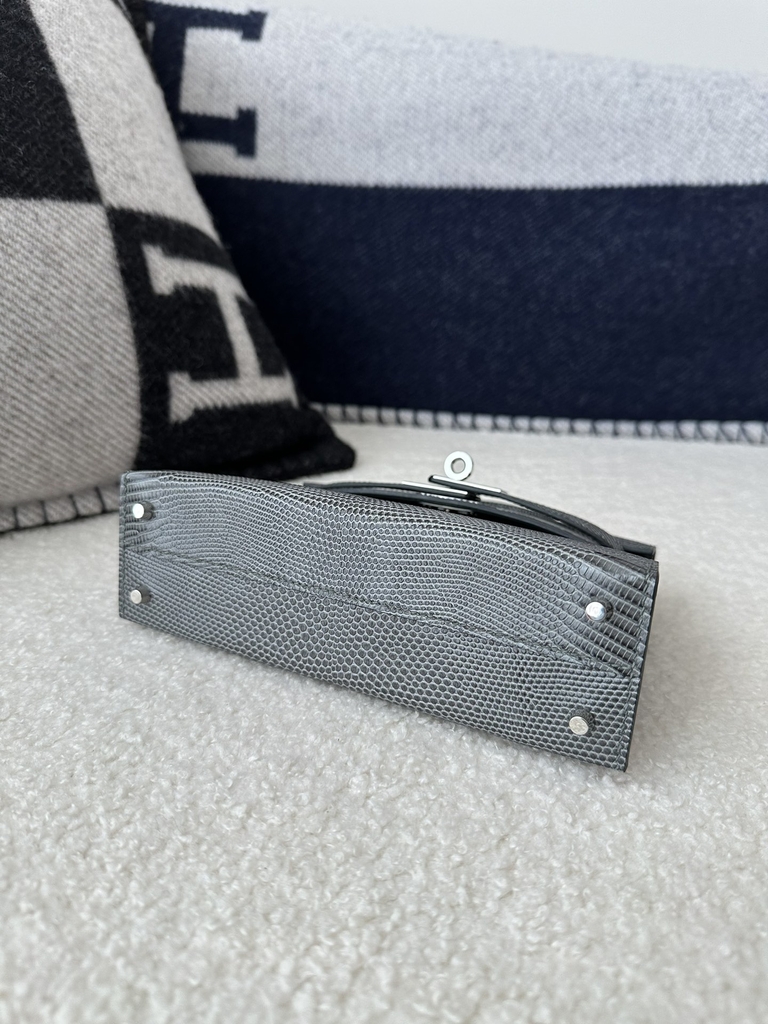 Mini Kelly II Second Generation in Imported Lizard Leather, CK84 Gris Fonce Rope Grey with Silver Hardware