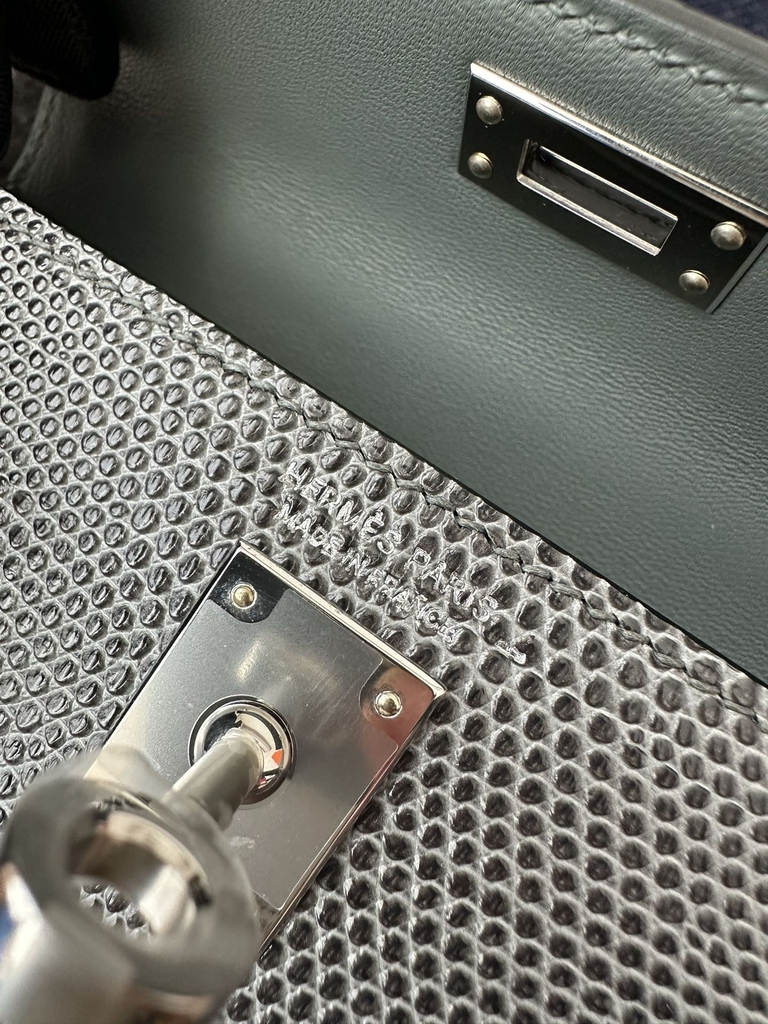 Mini Kelly II Second Generation in Imported Lizard Leather, CK84 Gris Fonce Rope Grey with Silver Hardware