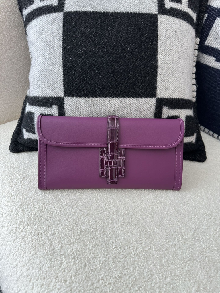 Jige 29cm in Imported Swift Calfskin with Shiny Alligator Crocodile, P9 Anemone with Silver Hardware