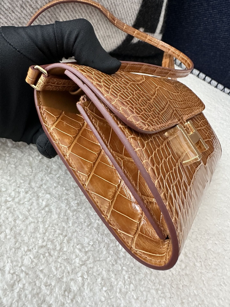 Constance To Go Crossbody Wallet in Imported HCP Water-Dyed Shiny Alligator Crocodile, CC24 Tabac Camel with Gold Hardware