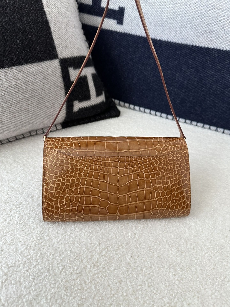 Constance To Go Crossbody Wallet in Imported HCP Water-Dyed Shiny Alligator Crocodile, CC24 Tabac Camel with Gold Hardware