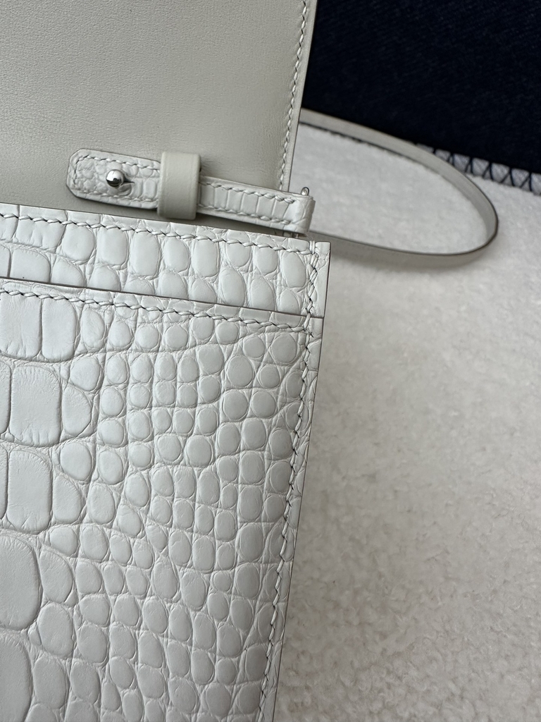 Constance To Go Crossbody Wallet in Imported HCP Water-Dyed Matte Alligator Crocodile, 8L Beton Glacier White with Silver Hardware