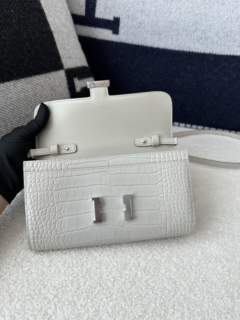 Constance To Go Crossbody Wallet in Imported HCP Water-Dyed Matte Alligator Crocodile, 8L Beton Glacier White with Silver Hardware