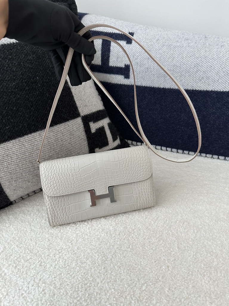 Constance To Go Crossbody Wallet in Imported HCP Water-Dyed Matte Alligator Crocodile, 8L Beton Glacier White with Silver Hardware
