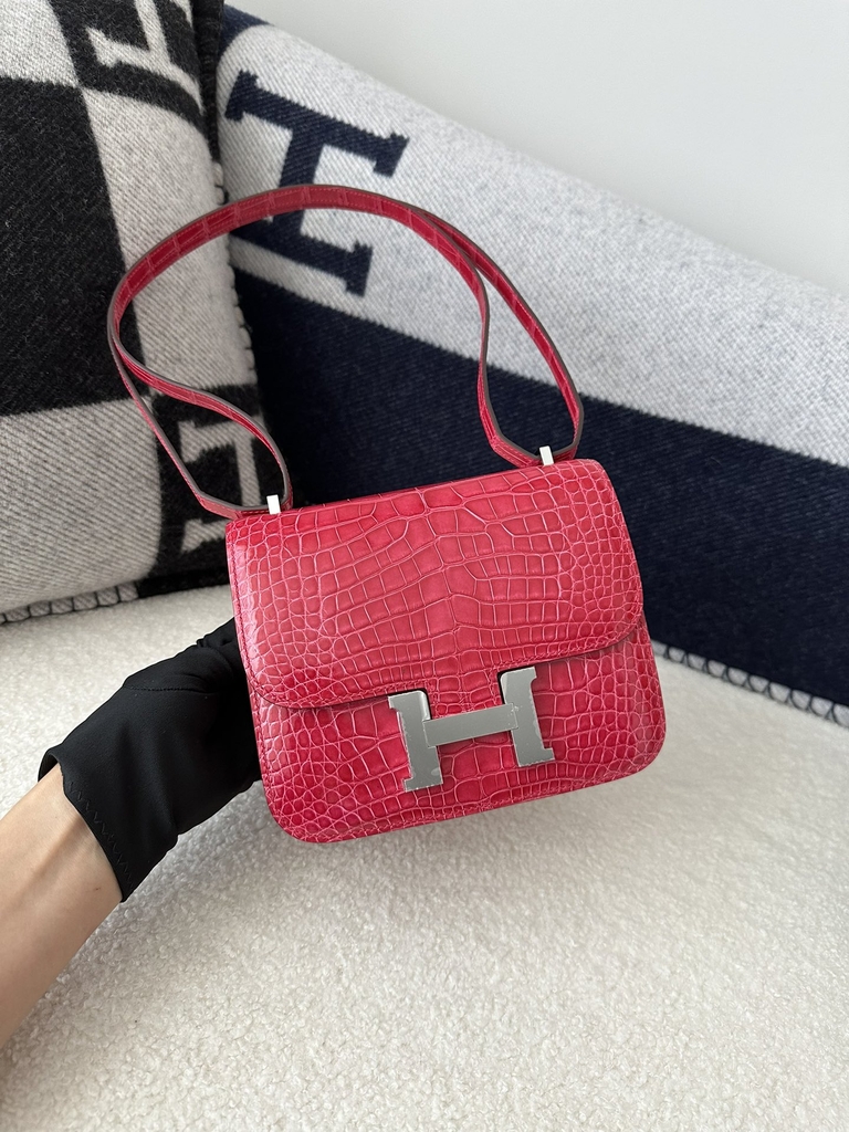 Constance 18cm New Mirror Edition in HCP Water-Dyed Shiny Alligator Crocodile, 0D Rose Mexico with Silver Hardware