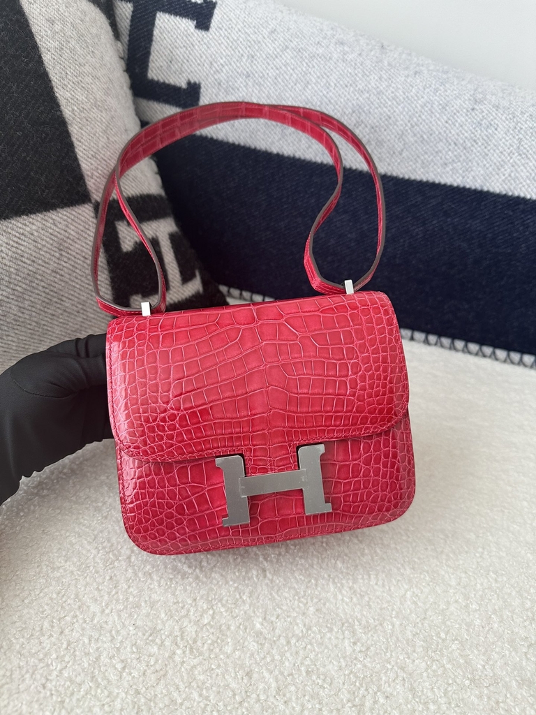 Constance 18cm New Mirror Edition in HCP Water-Dyed Shiny Alligator Crocodile, 0D Rose Mexico with Silver Hardware