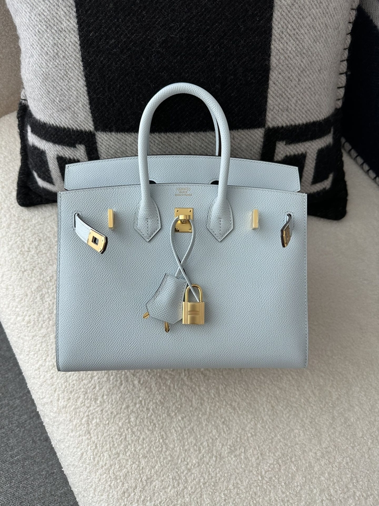 Birkin 25cm with External Stitching in Imported Epsom Leather, T0 Blue Brume with Gold Hardware