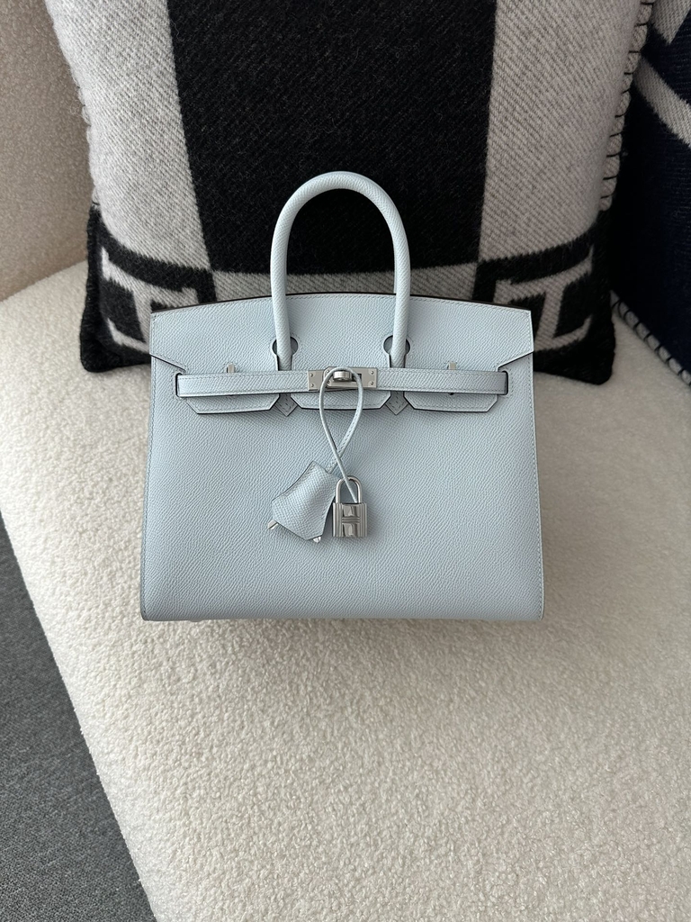 Birkin 25cm with External Stitching in Imported Epsom Leather, T0 Blue Brume with Silver Hardware