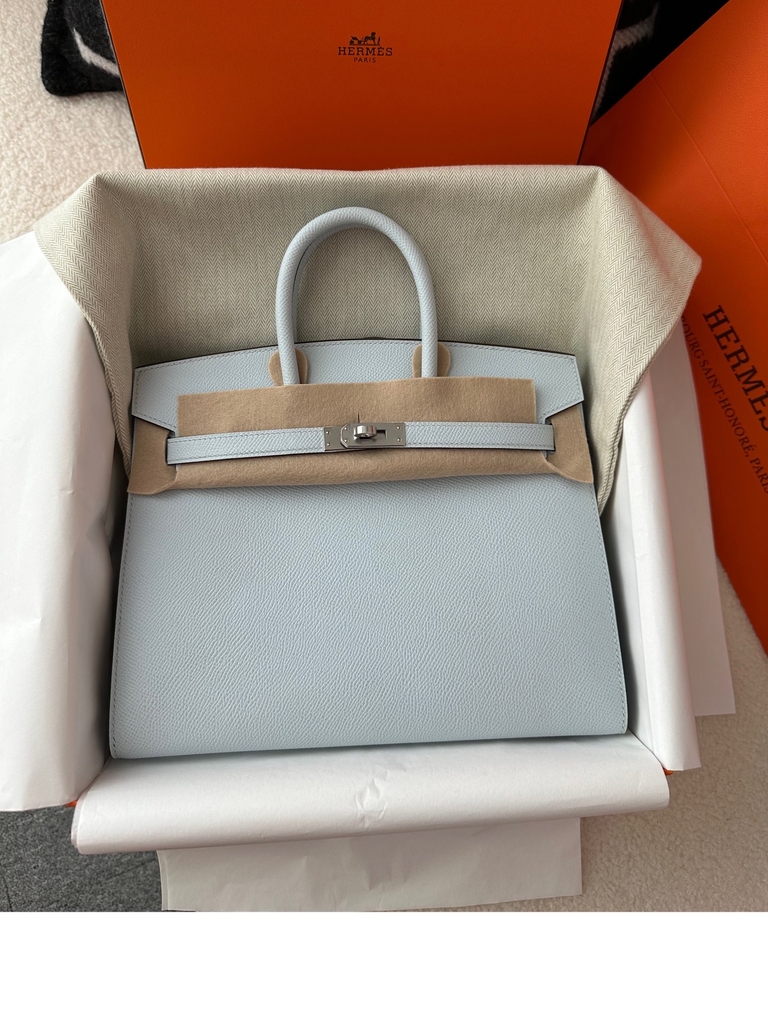 Birkin 25cm with External Stitching in Imported Epsom Leather, T0 Blue Brume with Silver Hardware
