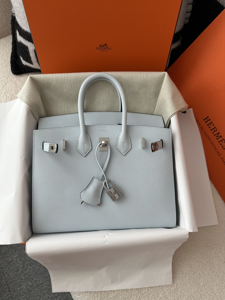 Birkin 25cm with External Stitching in Imported Epsom Leather, T0 Blue Brume with Silver Hardware