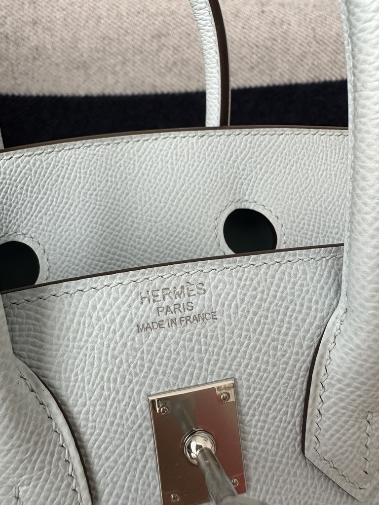 Birkin 25cm with External Stitching in Imported Epsom Leather, T0 Blue Brume with Silver Hardware
