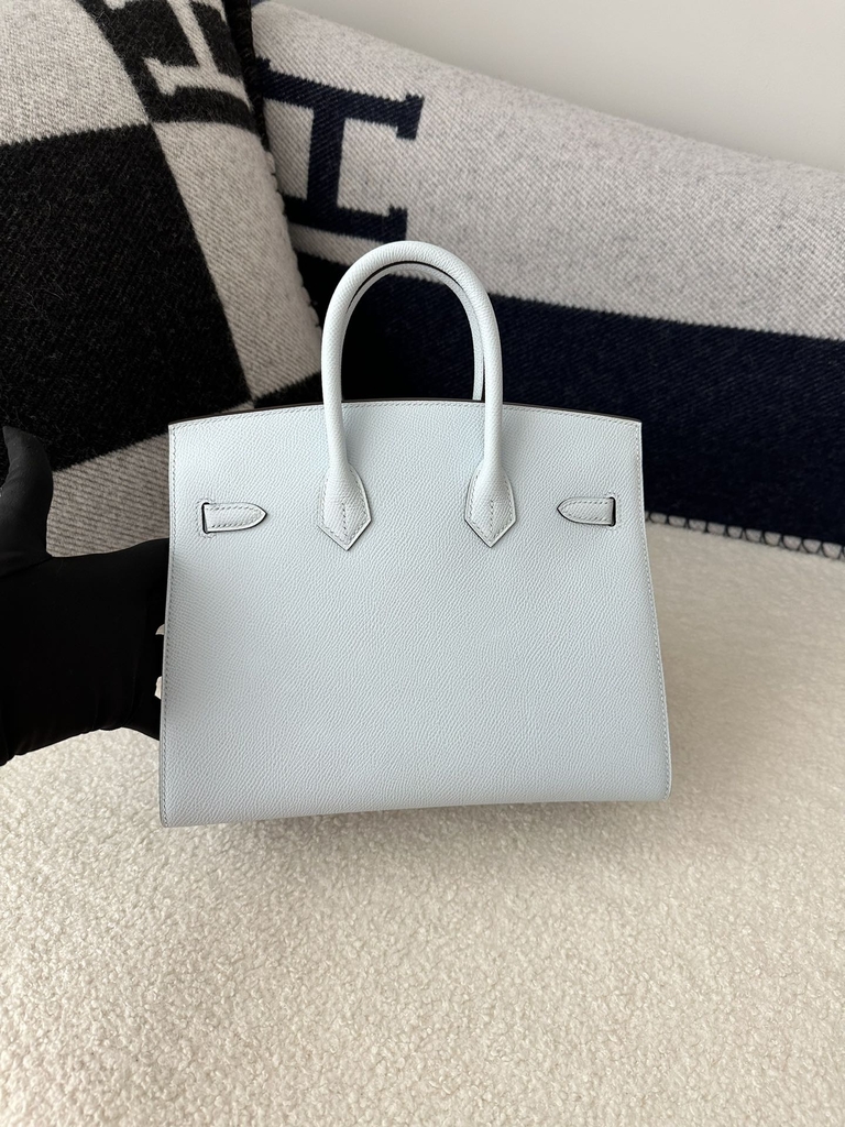 Birkin 25cm with External Stitching in Imported Epsom Leather, T0 Blue Brume with Silver Hardware