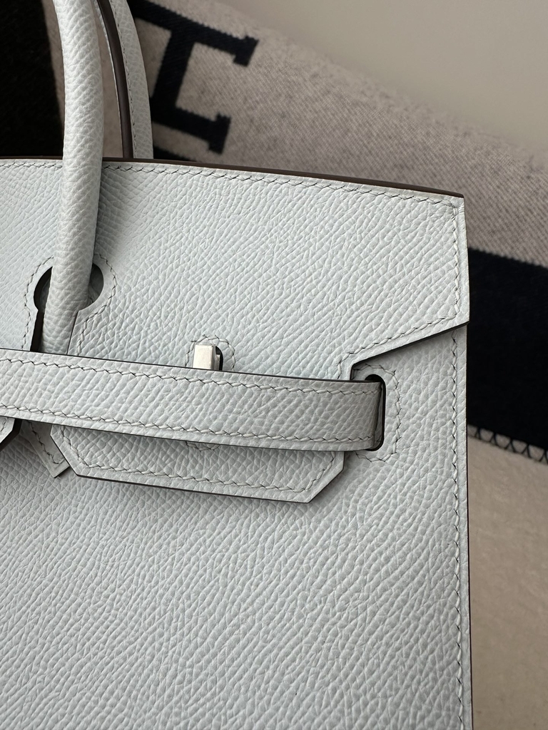 Birkin 25cm with External Stitching in Imported Epsom Leather, T0 Blue Brume with Silver Hardware