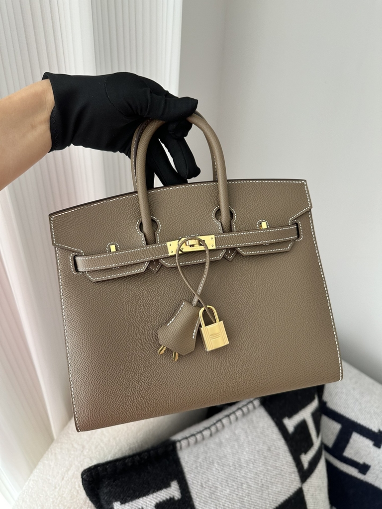 Birkin 25cm with External Stitching in Imported Epsom Leather, CC18 Etoupe Grey with Gold Hardware
