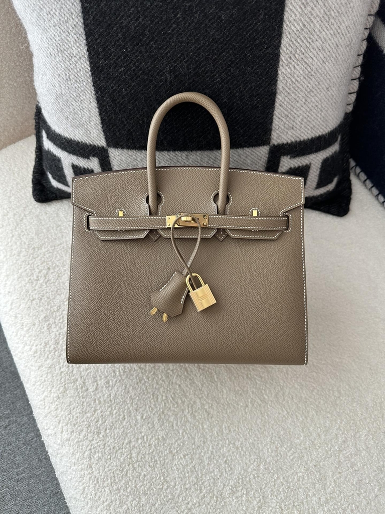 Birkin 25cm with External Stitching in Imported Epsom Leather, CC18 Etoupe Grey with Gold Hardware