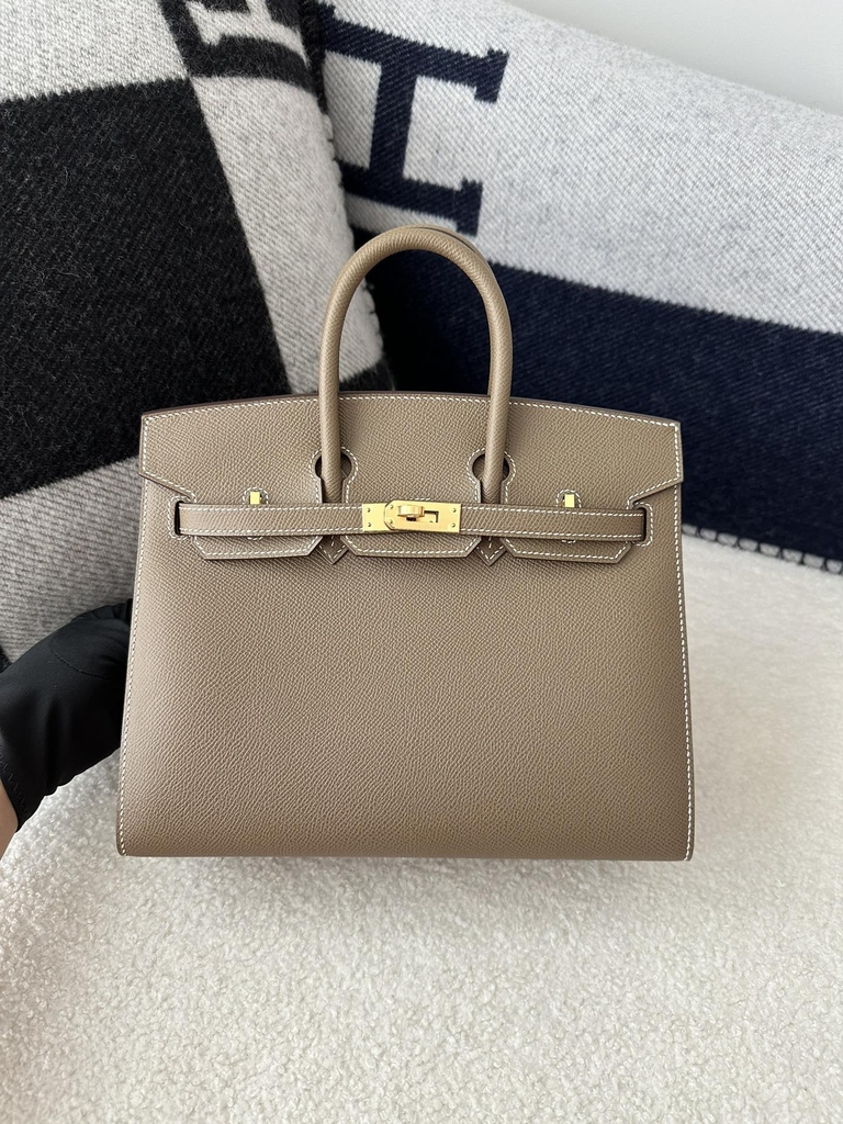 Birkin 25cm with External Stitching in Imported Epsom Leather, CC18 Etoupe Grey with Gold Hardware
