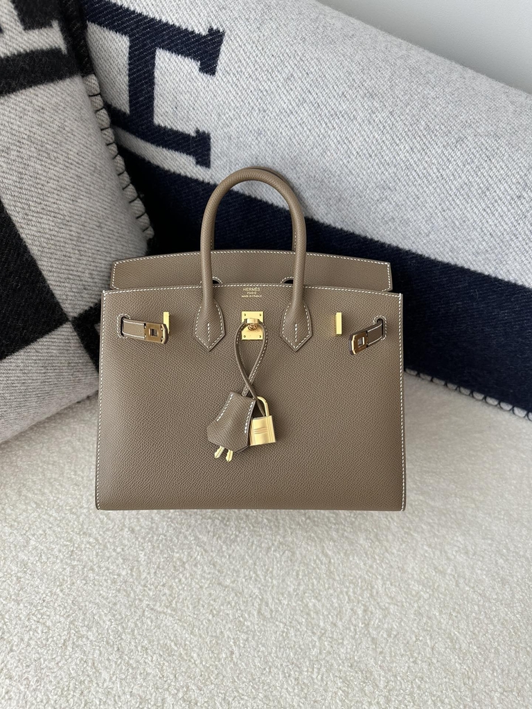 Birkin 25cm with External Stitching in Imported Epsom Leather, CC18 Etoupe Grey with Gold Hardware