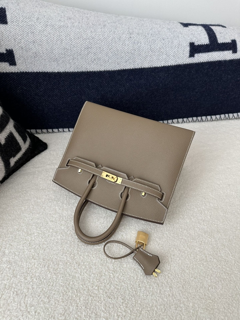 Birkin 25cm with External Stitching in Imported Epsom Leather, CC18 Etoupe Grey with Gold Hardware