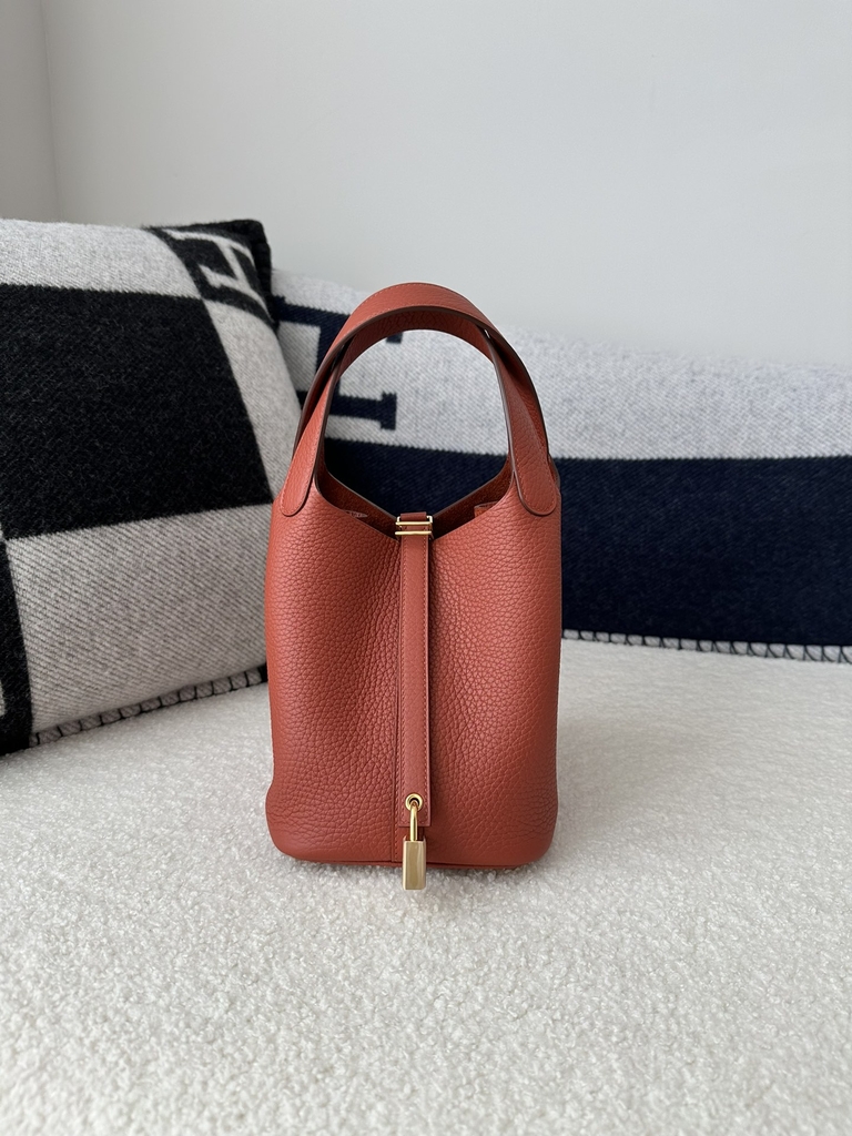 Picotin Lock 18cm in Imported Clemence TC Leather, CC36 Brique Brick Red with Gold Hardware