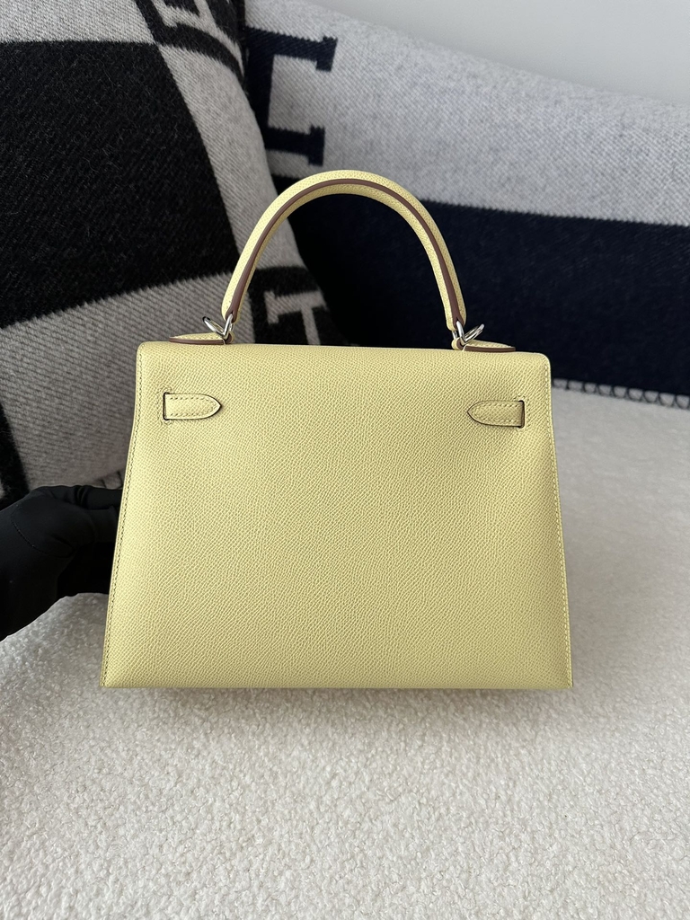 Kelly 25cm in Imported Epsom Leather, 1Z Jaune Poussin Chick Yellow with Silver Hardware