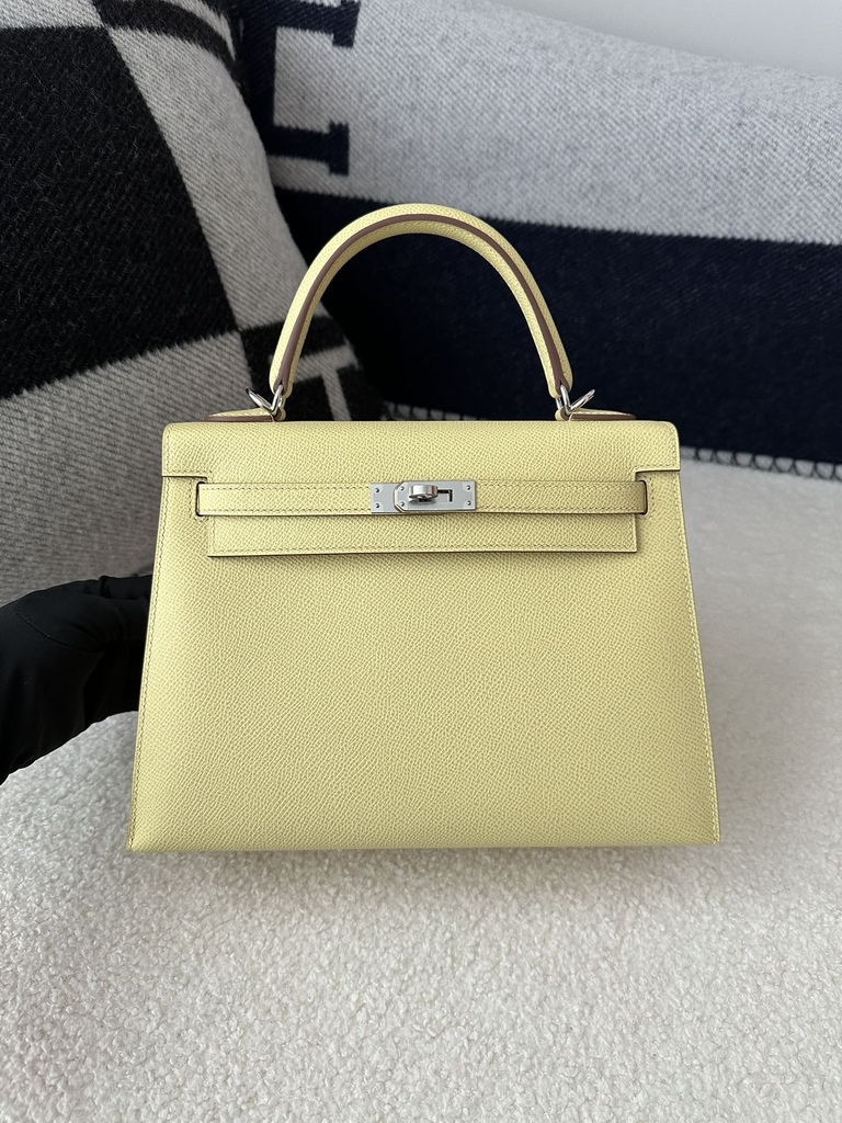 Kelly 25cm in Imported Epsom Leather, 1Z Jaune Poussin Chick Yellow with Silver Hardware