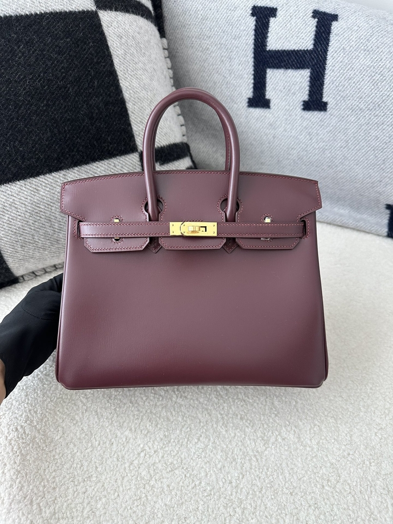 Birkin 25cm New Style with External Stitching in Imported Box Calfskin, CC55 Rough H Hermes Red with Gold Hardware
