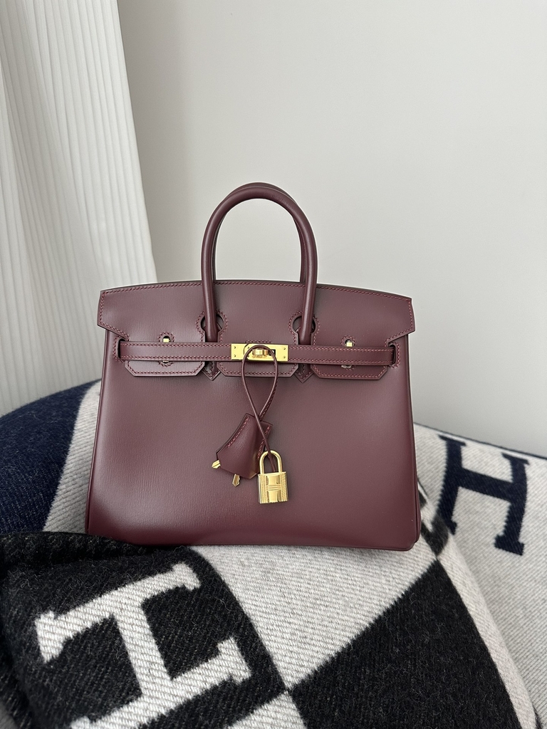 Birkin 25cm New Style with External Stitching in Imported Box Calfskin, CC55 Rough H Hermes Red with Gold Hardware