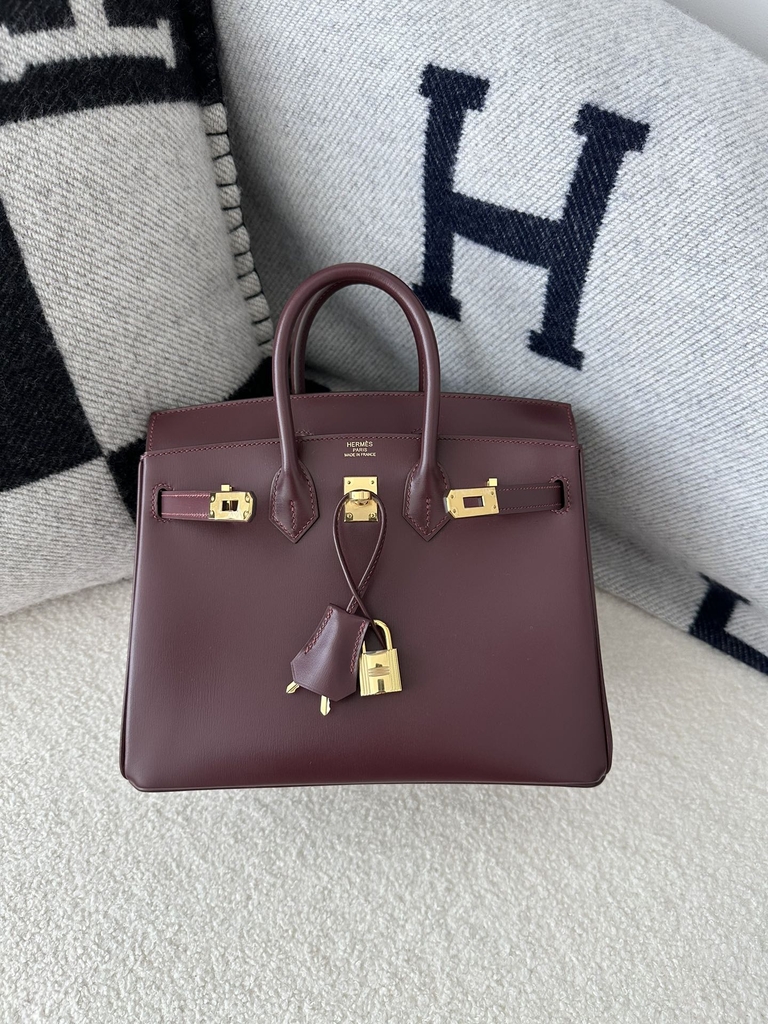 Birkin 25cm New Style with External Stitching in Imported Box Calfskin, CC55 Rough H Hermes Red with Gold Hardware